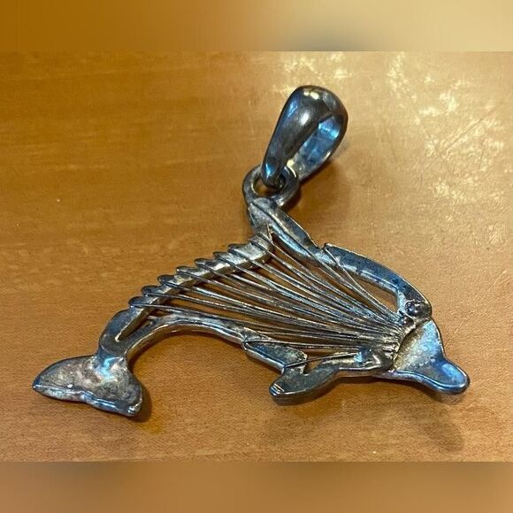 Silver Tone Dolphin Skeleton Fishbone Pendant Nautical Charm 2” - Picture 2 of 3